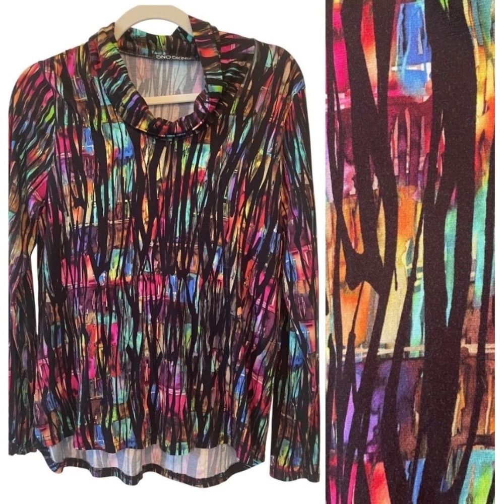 Snoskins Size S Long Sleeve Cowl Neck Top Colorful Stained Glass Print Artsy